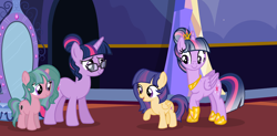 Size: 2648x1299 | Tagged: safe, artist:stellamoonshine, character:twilight sparkle, character:twilight sparkle (alicorn), character:twilight sparkle (scitwi), oc, oc:floria lily, oc:twinkle galaxy, parent:flash sentry, parent:timber spruce, parent:twilight sparkle, parents:flashlight, parents:timbertwi, species:alicorn, species:pony, species:unicorn, g4, my little pony:equestria girls, equestria girls ponified, interdimensional siblings, magic mirror, offspring, ponidox, self ponidox, twolight, unicorn sci-twi