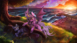 Size: 3200x1800 | Tagged: safe, artist:pony straponi, oc, oc only, oc:leo eclipse, oc:nebula eclipse, species:bat pony, species:pony, species:unicorn, g4, boat, colt, commission, female, lake, male, pier, roots, scenery, summer, sunset, tree, water