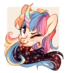 Size: 2894x3169 | Tagged: safe, artist:shore2020, oc, oc only, species:pony, species:unicorn, g4, blep, bust, curved horn, horn, one eye closed, solo, tongue out, unicorn oc, wink
