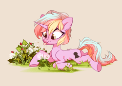 Size: 4093x2894 | Tagged: safe, artist:shore2020, oc, oc only, species:pony, species:unicorn, g4, dandelion, female, flower, lying down, mare, prone, solo, tongue out