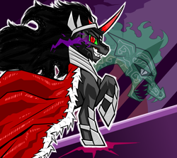 Size: 1800x1600 | Tagged: safe, artist:redahfuhrerking, idw, character:king sombra, species:pony, species:umbrum, species:unicorn, g4, cape, clothing, duo, fangs, female, grin, hoof shoes, male, mother and child, mother and son, rabia, raised hoof, siege of the crystal empire, smiling, sombra eyes, stallion