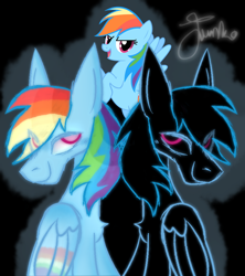 Size: 800x900 | Tagged: source needed, safe, artist:junko, character:rainbow dash, species:pegasus, species:pony, g4, black background, chest fluff, colored sketch, digital art, female, folded wings, hair over one eye, mare, signature, simple background, smiling, solo, wings