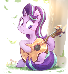 Size: 1224x1322 | Tagged: safe, artist:nendo, character:starlight glimmer, species:pony, species:unicorn, g4, blushing, cute, female, glimmerbetes, guitar, hoof hold, horn, mare, musical instrument, pixiv, sitting, smiling, solo, tree