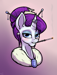 Size: 1119x1455 | Tagged: safe, artist:hc0, character:rarity, species:pony, species:unicorn, g4, bust, cigarette, cigarette holder, female, gradient background, horn, jewelry, mare, portrait, ring, solo