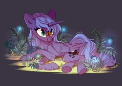 Size: 2048x1448 | Tagged: safe, artist:shore2020, character:princess luna, species:alicorn, species:pony, g4, admiral (butterfly), butterfly, female, lying down, mare, plant, s1 luna, smiling, solo, underhoof