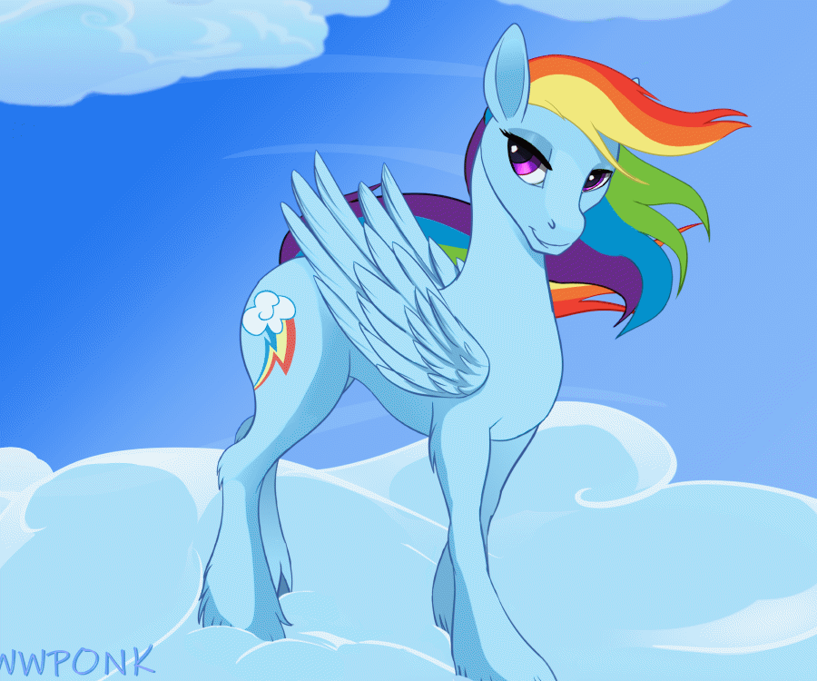 Size: 900x750 | Tagged: safe, artist:wwponk, character:rainbow dash, species:pegasus, species:pony, g4, animated, bedroom eyes, blinking, cloud, cute, dashabetes, female, frame by frame, gif, sky, solo, wind, windswept mane