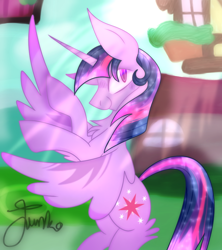 Size: 800x900 | Tagged: safe, artist:junko, character:twilight sparkle, character:twilight sparkle (alicorn), species:alicorn, species:pony, g4, chest fluff, digital art, female, looking offscreen, mare, outdoors, paint tool sai, rearing, signature, smiling, solo, spread wings, sunlight, wings
