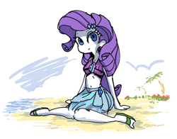 Size: 1740x1365 | Tagged: safe, artist:nendo, character:rarity, species:eqg human, g4, my little pony:equestria girls, beach, belly button, clothing, female, ocean, palm tree, simple background, solo, swimsuit, tree, white background