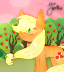 Size: 800x900 | Tagged: safe, artist:junko, character:applejack, species:earth pony, species:pony, g4, apple, apple tree, cutie mark, digital art, eyelashes, female, freckles, hatless, hay, mare, missing accessory, signature, solo, sweet apple acres, tree, windswept mane