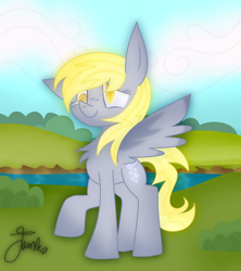Size: 800x900 | Tagged: safe, artist:junko, character:derpy hooves, species:pegasus, species:pony, g4, chest fluff, cloud, cute, derpabetes, digital art, eyelashes, female, floppy ears, mare, raised hoof, signature, smiling, solo, spread wings, wings