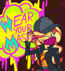 Size: 4547x5000 | Tagged: safe, artist:malevolentsamson, character:sunset shimmer, episode:display of affection, g4, my little pony: equestria girls, my little pony:equestria girls, baseball cap, cap, clothing, coronavirus, covid-19, female, flanksy, geode of empathy, graffiti, hat, magical geodes, mask, mouthpiece, one eye closed, public service announcement, spray paint, wink, winking at you