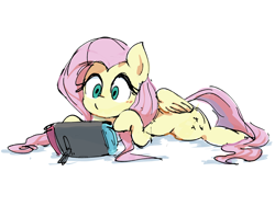 Size: 1600x1200 | Tagged: safe, artist:nendo, character:fluttershy, species:pegasus, species:pony, g4, colored, colored sketch, console, cute, female, gaming, lying down, mare, nintendo, nintendo switch, shyabetes, simple background, solo, white background