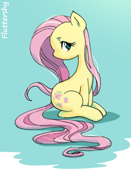 Size: 1200x1600 | Tagged: safe, artist:nendo, character:fluttershy, species:pony, g4, cute, female, head turn, looking at you, mare, profile, shyabetes, sitting, solo, wingless