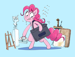 Size: 1600x1200 | Tagged: safe, artist:nendo, character:pinkie pie, species:earth pony, species:pony, g4, bag, bipedal, construction, craft, female, sculpture, solo, sweat, toolbox