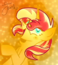 Size: 800x900 | Tagged: safe, artist:junko, character:sunset shimmer, species:pony, species:unicorn, g4, chest fluff, cute, eyelashes, female, looking offscreen, mare, orange background, pony sunset, shimmerbetes, signature, simple background, smiling, solo