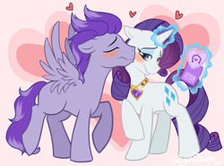 Size: 1168x863 | Tagged: safe, artist:ryunwoofie, character:rarity, oc, oc:kydose, species:pegasus, species:pony, species:unicorn, blushing, canon x oc, eyes closed, female, heart, kiss on the cheek, kissing, lidded eyes, male, mare, necklace, raridose, shipping, smiling, stallion, straight