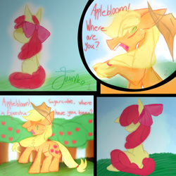 Size: 1000x1000 | Tagged: safe, artist:junko, character:apple bloom, character:applejack, species:earth pony, species:pony, g4, applejack's hat, clothing, colored sketch, comic, cowboy hat, dialogue, digital art, female, frown, hat, hidden eyes, mare, signature, simple background, sitting, wip, yelling