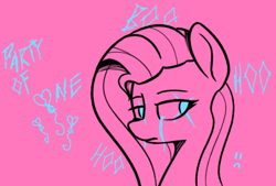Size: 1106x749 | Tagged: safe, artist:pinkberry, character:pinkamena diane pie, character:pinkie pie, g4, :c, crying, frown, graffiti, monochrome, neo noir, partial color, simple background, text