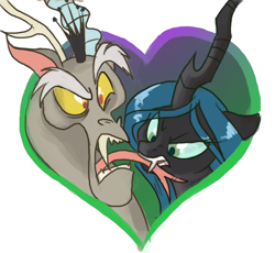 Size: 563x518 | Tagged: safe, artist:dinkelion, character:discord, character:queen chrysalis, ship:discolis, biting, female, male, shipping, straight