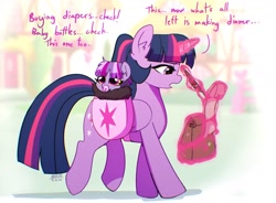 Size: 1800x1328 | Tagged: safe, artist:riukime, character:twilight sparkle, character:twilight sparkle (alicorn), oc, oc:jinx, parent:discord, parent:twilight sparkle, parents:discolight, species:alicorn, species:draconequus, species:pony, g4, bag, checklist, commission, female, hybrid, interspecies offspring, levitation, magic, mama twilight, mother and child, mother and daughter, offspring, open mouth, paper bag, quill, saddle bag, scroll, telekinesis
