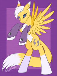 Size: 889x1179 | Tagged: safe, artist:ryunwoofie, species:pegasus, species:pony, crossover, digimon, digimon tamers, female, mare, ponified, purple background, rearing, renamon, simple background, solo