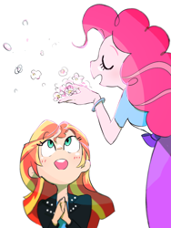 Size: 1200x1600 | Tagged: safe, artist:nendo, character:pinkie pie, character:sunset shimmer, g4, my little pony:equestria girls, blowing, blushing, clothing, cute, duo, duo female, eyes closed, female, flower, open mouth, shimmerbetes, smiling, wide eyes