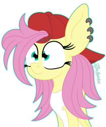 Size: 1211x1452 | Tagged: safe, artist:puperhamster, character:fluttershy, species:pegasus, species:pony, g4, 90s grunge fluttershy, alternate hairstyle, baseball cap, cap, clothing, ear piercing, female, hat, mare, piercing, simple background, smiling, solo, transparent background