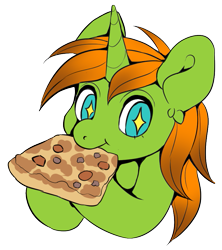 Size: 749x845 | Tagged: safe, artist:pony straponi, oc, oc only, oc:arc pyre, species:pony, species:unicorn, g4, bust, eating, food, pizza, simple background, solo, transparent background
