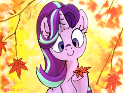 Size: 1600x1200 | Tagged: safe, artist:nendo, character:starlight glimmer, species:pony, species:unicorn, g4, autumn, cute, female, glimmerbetes, hoof hold, leaves, mare, smiling, solo, tree
