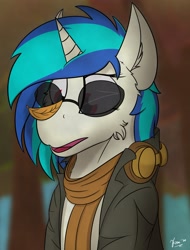 Size: 3031x3990 | Tagged: safe, artist:kamithepony, character:dj pon-3, character:vinyl scratch, species:pony, species:unicorn, g4, autumn, blurred background, clothing, female, glasses, headphones, jacket, leaf, leaves, red eyes, scarf, solo