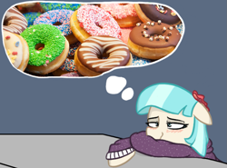 Size: 1253x928 | Tagged: safe, artist:pinkberry, character:coco pommel, species:earth pony, species:pony, g4, blushing, clothing, coco is an anal slut, donut, female, food, hoodie, innuendo, mare, simple background, solo, sweater, thought bubble