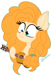 Size: 1400x2016 | Tagged: safe, artist:puperhamster, character:pear butter, species:earth pony, species:pony, g4, bust, ear fluff, female, guitar, mare, musical instrument, simple background, solo, transparent background