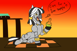 Size: 1800x1200 | Tagged: safe, artist:redahfuhrerking, community related, oc, species:zebra, them's fightin' herds, g4, background character, bottle, huoshan, solo, sultry pose