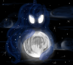 Size: 2800x2500 | Tagged: safe, artist:wourdeluck, character:princess luna, species:alicorn, species:pony, g4, female, glowing eyes, mare, moon, night, solo, stars, tangible heavenly object, white eyes