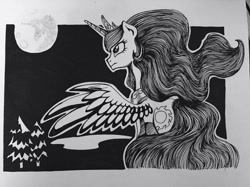 Size: 960x719 | Tagged: safe, artist:wourdeluck, character:princess celestia, species:alicorn, species:pony, g4, female, grayscale, mare, mare in the moon, monochrome, moon, night, solo, traditional art