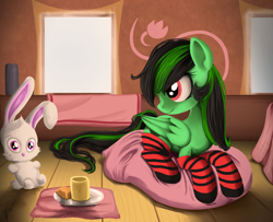 Size: 1600x1300 | Tagged: safe, artist:wourdeluck, oc, oc only, species:pegasus, species:pony, species:rabbit, g4, animal, clothing, pillow, plushie, socks, solo, striped socks