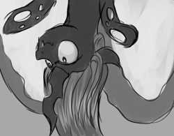 Size: 1148x894 | Tagged: safe, artist:wourdeluck, character:queen chrysalis, species:changeling, episode:to where and back again, g4, my little pony: friendship is magic, changeling queen, cocoon, female, grayscale, monochrome, queen twistalis, scene interpretation, sketch, solo, upside down