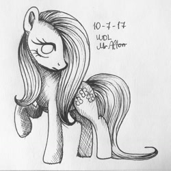 Size: 1280x1280 | Tagged: safe, artist:wourdeluck, character:fluttershy, species:pegasus, species:pony, inktober, g4, crosshatch, female, grayscale, mare, monochrome, no pupils, one hoof raised, solo, traditional art