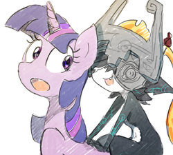 Size: 1555x1400 | Tagged: safe, artist:nendo, character:twilight sparkle, character:twilight sparkle (alicorn), character:twilight sparkle (unicorn), species:alicorn, species:pony, species:unicorn, g4, crossover, midna, namesake, open mouth, pun, riding a pony, simple background, the legend of zelda, the legend of zelda: twilight princess, visual gag, white background