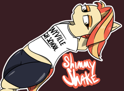 Size: 1189x877 | Tagged: safe, artist:pinkberry, character:shimmy shake, species:earth pony, species:pony, g4, clothing, female, gym shorts, mare, shirt, shorts, simple background, solo, t-shirt, text, tight clothing