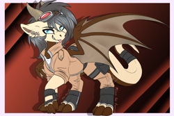 Size: 3000x2000 | Tagged: source needed, safe, artist:red_moonwolf, oc, oc only, oc:auburn "dergy", species:dracony, species:dragon, species:pony, g4, goggles, hybrid, male, mlem, outfit, silly, solo, spread wings, tongue out, wings