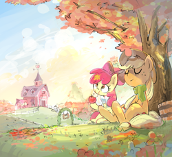Size: 1750x1600 | Tagged: safe, artist:nendo, character:apple bloom, character:applejack, species:earth pony, species:pony, g4, adorabloom, apple, apple sisters, autumn, bandana, barn, bucket, clothing, cute, duo, eating, eyes closed, female, filly, food, herbivore, jackabetes, leaves, mare, relaxing, scarf, scenery, siblings, sisters, sitting, smiling, sweet apple acres, tree
