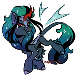 Size: 1400x1400 | Tagged: safe, artist:nancy-05, commissioner:bigonionbean, writer:bigonionbean, character:king sombra, character:nightmare moon, character:princess luna, character:queen chrysalis, oc, oc:empress sacer malum, species:changeling, species:kirin, g4, armor, changeling queen, curved horn, ethereal mane, female, fluffy, fusion, fusion:empress sacer malum, horn, mare, queen umbra, rule 63, simple background, transparent background