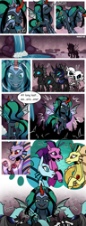 Size: 1500x3900 | Tagged: safe, artist:nancy-05, commissioner:bigonionbean, writer:bigonionbean, character:adagio dazzle, character:aria blaze, character:king sombra, character:sonata dusk, oc, oc:empress sacer malum, oc:melicus ostium, species:changeling, species:pony, species:siren, species:unicorn, comic:fusing the fusions, comic:time of the fusions, g4, armor, bone, bowing, changeling queen, comic, confused, crying, curved horn, female, fusion, fusion:empress sacer malum, fusion:melicus ostium, horn, imprisoned, jewelry, laughing, magic, not an alicorn, queen umbra, reflection, regalia, rule 63, semi-grimdark series, skeleton, skeleton pony, suggestive series, tartarus, tears of laughter, thought bubble, undead, water fountain