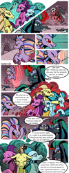 Size: 1500x3736 | Tagged: safe, artist:nancy-05, commissioner:bigonionbean, writer:bigonionbean, character:adagio dazzle, character:aria blaze, character:king sombra, character:sonata dusk, oc, oc:empress sacer malum, oc:melicus ostium, species:changeling, species:pony, species:siren, species:unicorn, comic:fusing the fusions, comic:time of the fusions, g4, absorption, armor, barrier, blushing, bone, bowing, changeling guard, changeling queen, comic, confused, corpse, curved horn, draining, female, fusion, fusion:empress sacer malum, fusion:melicus ostium, headache, horn, hybrid, inner struggle, jewelry, magic, merge, merging, not an alicorn, queen umbra, regalia, revived, rule 63, semi-grimdark series, skeleton, skeleton pony, suggestive series, tartarus, thought bubble, undead, water fountain