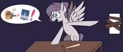 Size: 3940x1669 | Tagged: safe, artist:pinkberry, oc, oc only, oc:vylet, species:pegasus, species:pony, g4, boarded door, commission, dialogue, dishevelled, female, glasses, hammer, mare, messy hair, nails, pictogram, solo, speech bubble, table