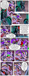 Size: 1500x3900 | Tagged: safe, artist:nancy-05, commissioner:bigonionbean, writer:bigonionbean, oc, oc:empress sacer malum, oc:melicus ostium, species:changeling, species:pony, species:siren, species:unicorn, comic:fusing the fusions, comic:time of the fusions, g4, absorption, barrier, black sclera, changeling queen, comforting, comic, confused, curved horn, dark magic, female, fusion, fusion:empress sacer malum, fusion:melicus ostium, headache, horn, hybrid, jewelry, magic, not an alicorn, possessed, possession, regalia, semi-grimdark series, sombra eyes, suggestive series, tartarus, water fountain