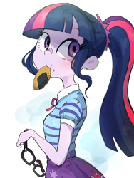 Size: 1200x1600 | Tagged: safe, artist:nendo, character:twilight sparkle, character:twilight sparkle (scitwi), species:eqg human, g4, my little pony:equestria girls, :t, clothing, cute, digital art, female, food, glasses, glasses off, looking back, mouth hold, ponytail, solo, twiabetes