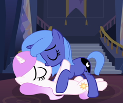 Size: 2224x1864 | Tagged: safe, artist:stellamoonshine, character:princess celestia, character:princess luna, species:pony, species:unicorn, ship:princest, g4, cewestia, eyes closed, female, filly, incest, kissing, lesbian, pink-mane celestia, s1 luna, shipping, sisterly love, woona, younger
