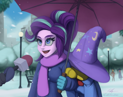 Size: 2317x1829 | Tagged: safe, artist:gabbslines, character:starlight glimmer, character:trixie, g4, my little pony:equestria girls, bench, clothing, female, hat, lamppost, meme, microphone, open mouth, scarf, snow, snowfall, special feeling, umbrella